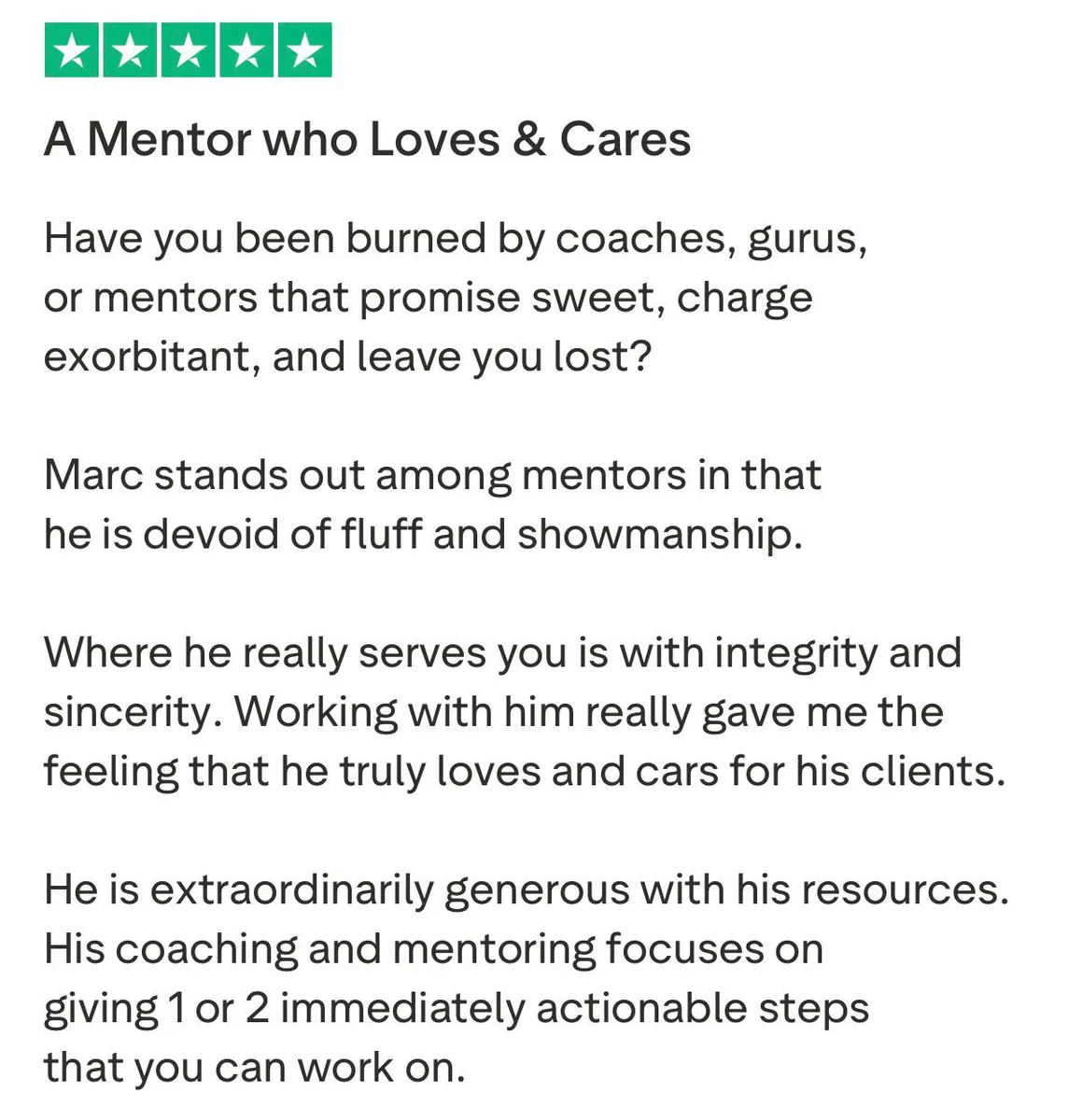 Five-star review: "A Mentor who Loves & Cares"
